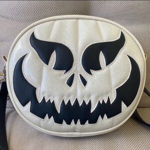 Love Pain and Stitches White Glitter Evil Pumpkin Halloween Crossbody Bag
